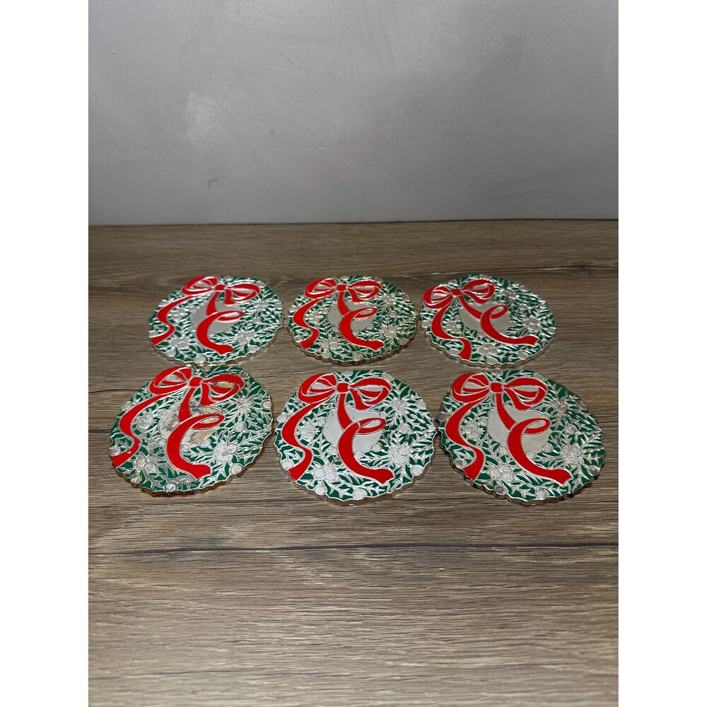 VTG Japan Silver Metal Green Enamel Wreath Red Bow Christmas Coasters Set of 6